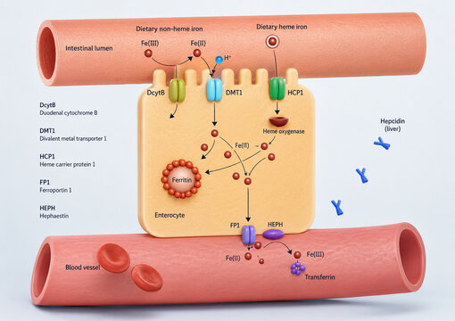 AI generated detailed iron absorption pathway showing enterocyte transporters ferritin transferrin heme nonheme iron metabolism for medical education biomedical research