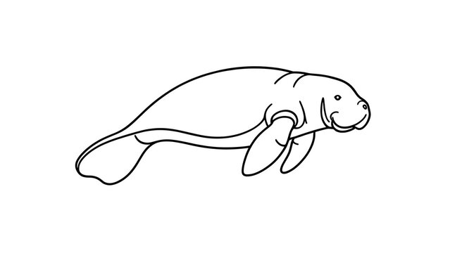 Manatee line drawing illustration white background.