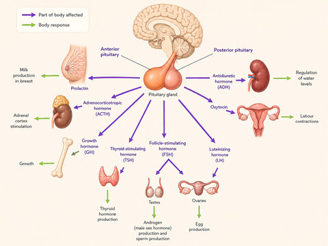 AI generated educational endocrine infographic explaining pituitary hormones their effects organs including thyroid kidneys ovaries testes uterus adrenal glands