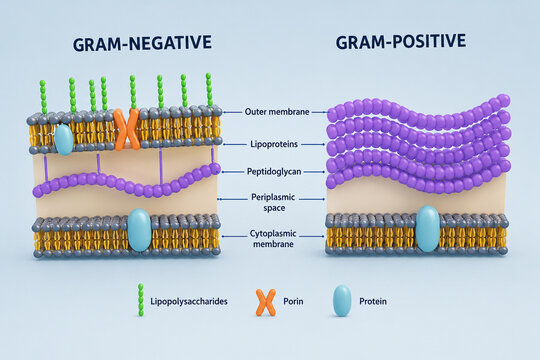 AI generated educational comparison of Gram positive Gram negative bacterial cell envelopes showing membranes peptidoglycan lipopolysaccharides proteins for microbiology research