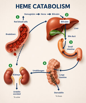 AI generated educational medical infographic illustrating heme catabolism from red blood cells through bilirubin metabolism liver intestines kidneys final waste excretion pathways