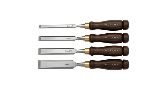 Set of four professional woodworking chisels with wooden handles, isolated on transparent background.