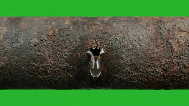 Rusty leaking pipe with dripping water on green screen loop