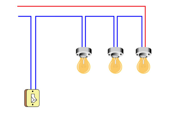 Electrical Wiring Diagram With Light Bulb And Wall Switch Showing Live And Neutral Connections. (3 lights and 1 switch)