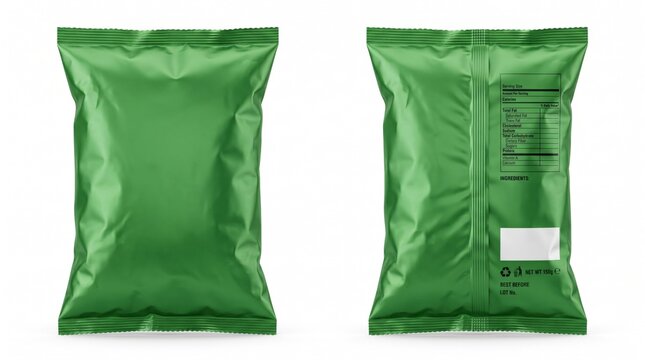 Green snack packaging mockup, front and back view of blank foil bag, matte plastic food pouch for chips or nuts, isolated product template