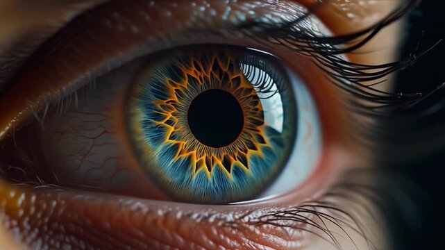 Cinematic extreme macro footage revealing the intricate crypt patterns within a single human iris for National Eye Exam Month
