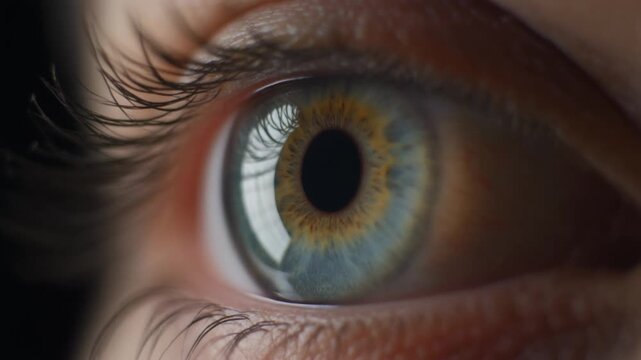 Cinematic extreme macro footage of a single human cornea reflecting a circular examination lamp for National Eye Exam Month