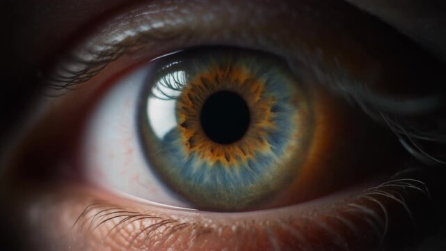 Cinematic extreme macro footage of a single human pupil slowly constricting for National Eye Exam Month