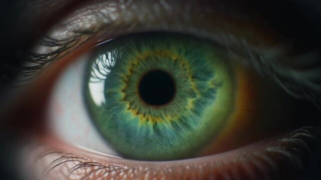 Cinematic extreme macro footage of a single green human iris with delicate corneal reflection for National Eye Exam Month