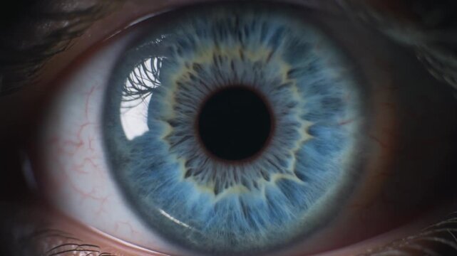 Cinematic extreme macro footage of a single human blue iris filling the frame for National Eye Exam Month