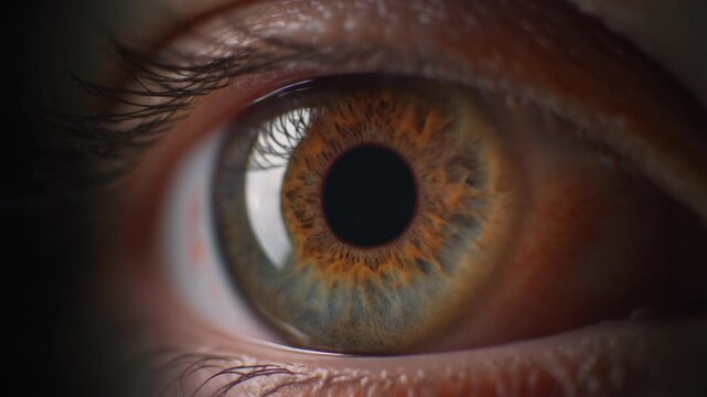 Cinematic extreme macro footage of a single human brown iris with detailed organic fibers for National Eye Exam Month