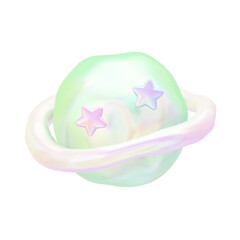 Aurora Pastel Holographic Collection - Dreamy Planet Icon Set - Mint Planet - Transparent 3D PNG Elements © 3Dfun