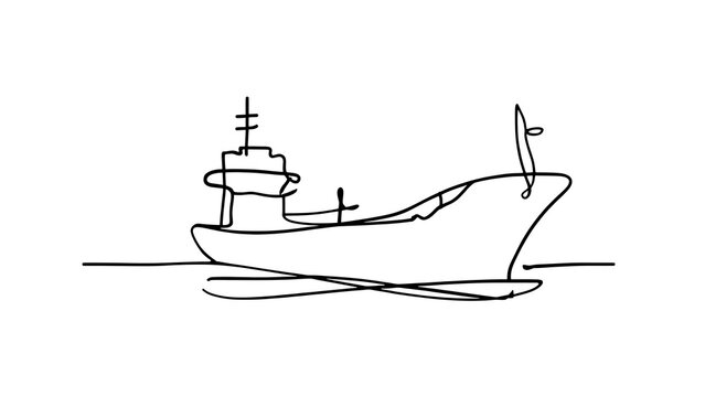 Minimalist line art ship drawing white background.