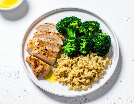 A clean photo of a meal for metabolic health featuring a plate of lean protein, quinoa, and steamed vegetables. Highlight the balanced nutrition and metabolic support with vibrant, healthy ingredients