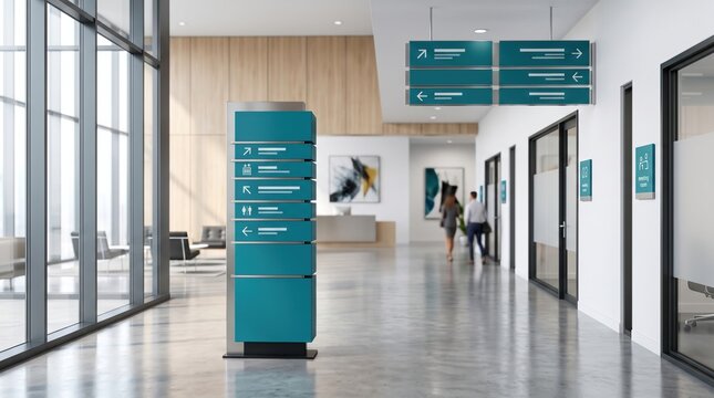Modern wayfinding signage in corporate office hallway, teal directional pylon and hanging signs, professional interior navigation system for business