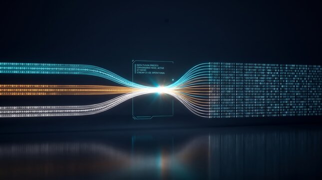 Glowing binary code data streams converge into bright central fusion node representing digital information processing network connectivity quantum computing intelligence and cyber technology