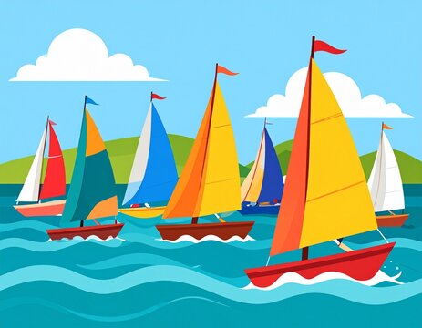 Sailing race, boats navigating, detailed flat design illustration showing sailboats navigating through a race course, with vibrant colors and dynamic movement, capturing the excitement and strategy