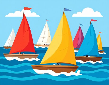 Sailing race, boats navigating, detailed flat design illustration showing sailboats navigating through a race course, with vibrant colors and dynamic movement, capturing the excitement and strategy