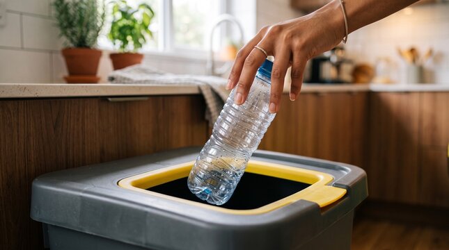 Hand throwing empty bottle into bin.
