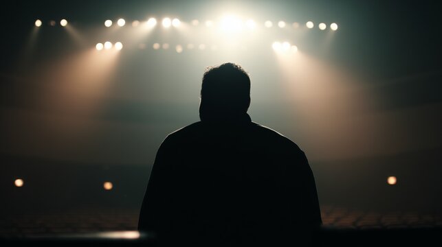 Back view of a pastor on a softly lit stage, only silhouette visible