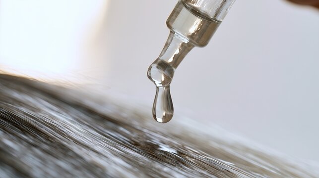 Crystal clear glass dropper releasing a glossy serum droplet, skincare concept