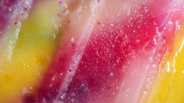 Close-up of a colorful popsicle surface melting with juicy fruit ice texture