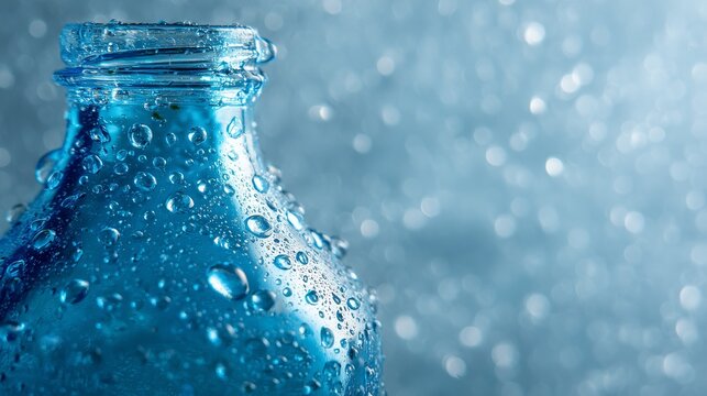 Extreme macro of water droplets on a transparent glass bottle in sunlight