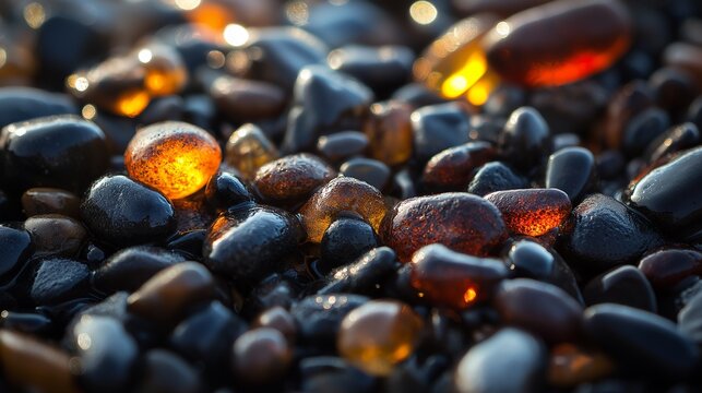 Extreme macro of wet colorful beach stones with sunlight shimmer