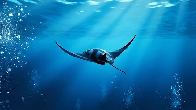 A manta ray glides through blue ocean
