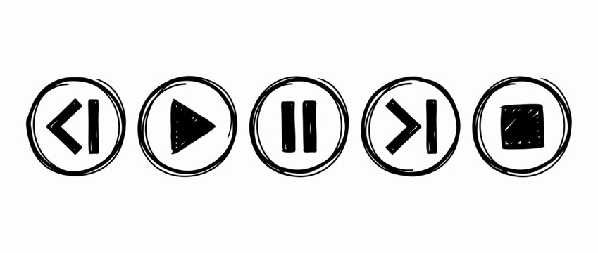 Hand-drawn music player control icons isolated on transparent background
