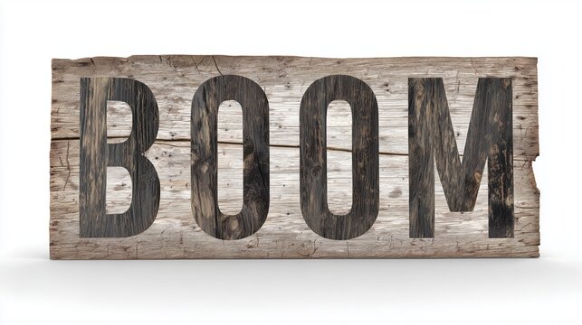 Rustic sign with BOOM text isolated on white background