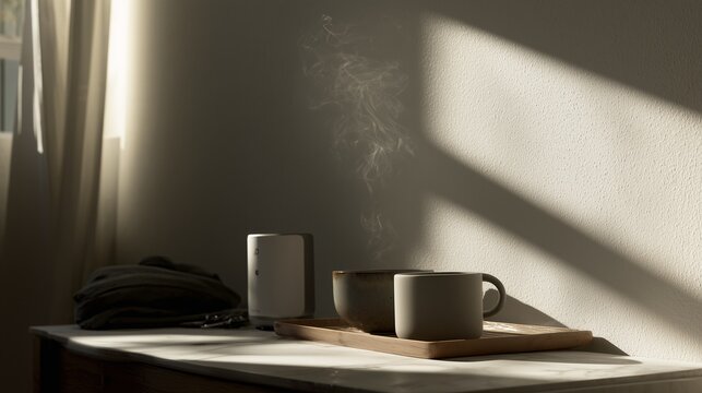 Warm minimalist setup with coffee steam and sunlight, calm atmosphere