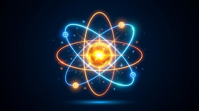 Glowing atomic structure with orbiting electrons and luminous central nucleus representing nuclear energy