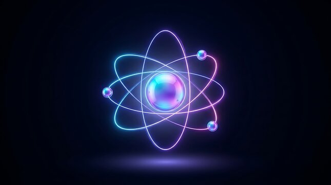 Neon atomic structure with smooth glass nucleus representing molecular physics and chemical research