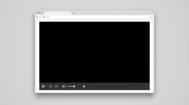 Minimalist web browser video player mockup, blank black screen interface for media streaming, clean digital video window on grey background