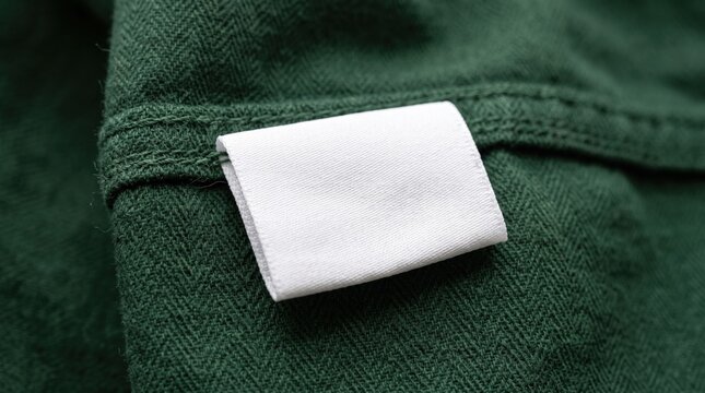 Blank white clothing label on green fabric, textile garment tag mockup, empty fabric care label for branding and logo placement