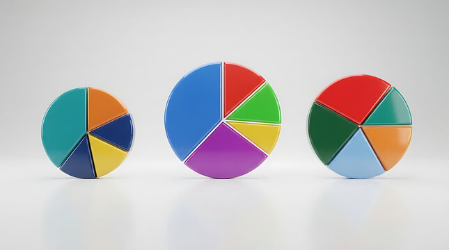 Pie charts display quantitative market segments with vibrant colors arranged in three distinct circular graphic models for professional presentations.