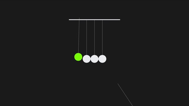Newton&rsquo;s cradle kinetic energy physics concept with swinging green sphere on dark animation 4k background