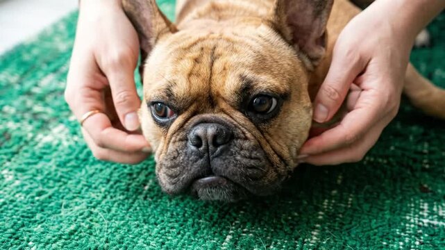 Playful Owner Squishing French Bulldog Face on Green Rug