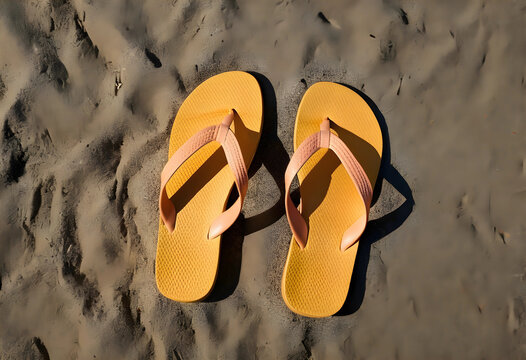 Pair of yellow flip flops with pink straps resting on dark sand, summer vacation and beach holiday