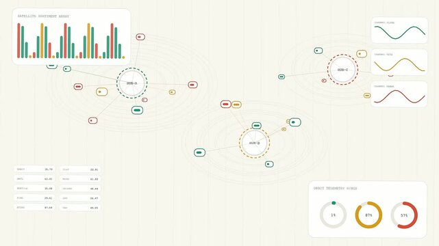 Complex sentiment analysis digital interface presenting interconnected nodes and streaming waveform charts displayed on a soft cream background for modern financial monitoring and data flow tracking