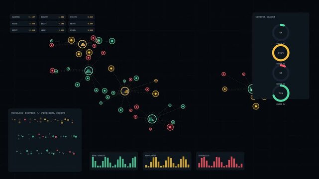 A sophisticated sentiment analysis visualization interface displays complex node networks with glowing circular gauge charts and bar graphs pulsing across a dark digital software monitor screen