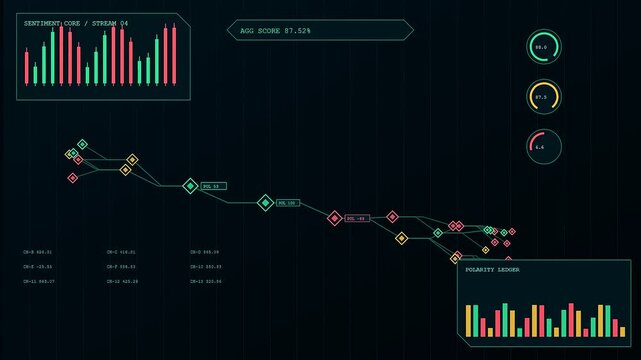 Digital sentiment analysis interface displays dynamic market metrics and fluctuating line graphs on a dark screen featuring evolving financial trends that shift within three distinct panels