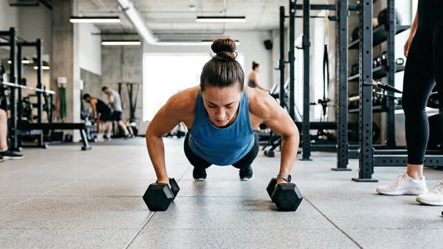 Determined Athletic Woman Doing Push Ups with Dumbbells in Modern Gym