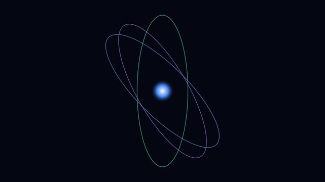 Rotating atom model with glowing nucleus and orbital rings: scientific concept animation for physics and technology education 4k