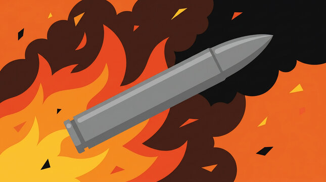 Gray bullet flying through vibrant orange flames and dark smoke, stylized motion, ideal for action scenes, military themes and conflict concepts