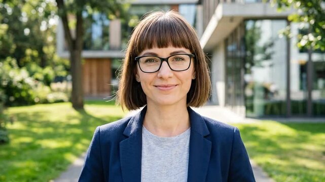 Portrait of Confident Professional Businesswoman in Glasses Standing Outdoors