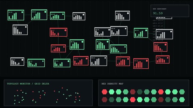 Digital sentiment analysis dashboard featuring interconnected data nodes and changing hex density maps presented in a dark interface for modern software performance monitoring and analytics displays