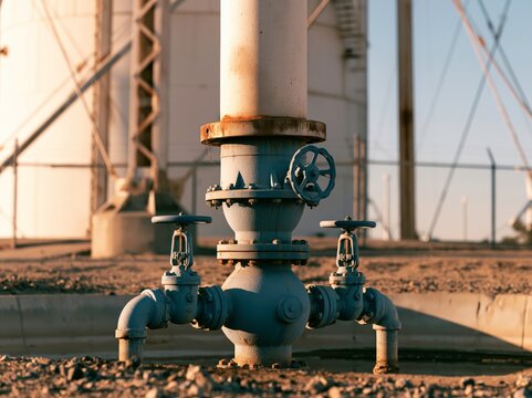 Water tower riser pipe and base valves seen from standing position during daytime in clear view