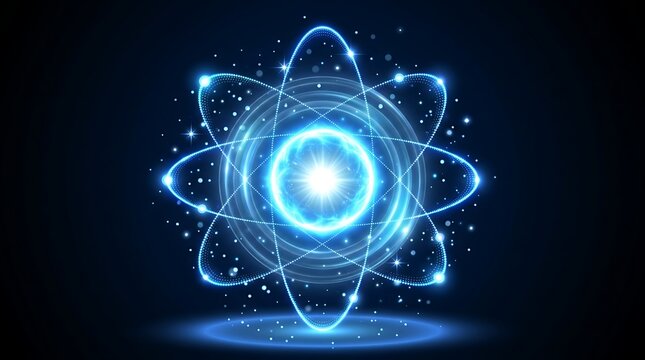 Glowing atomic structure made of light particles representing quantum energy and cosmic physics